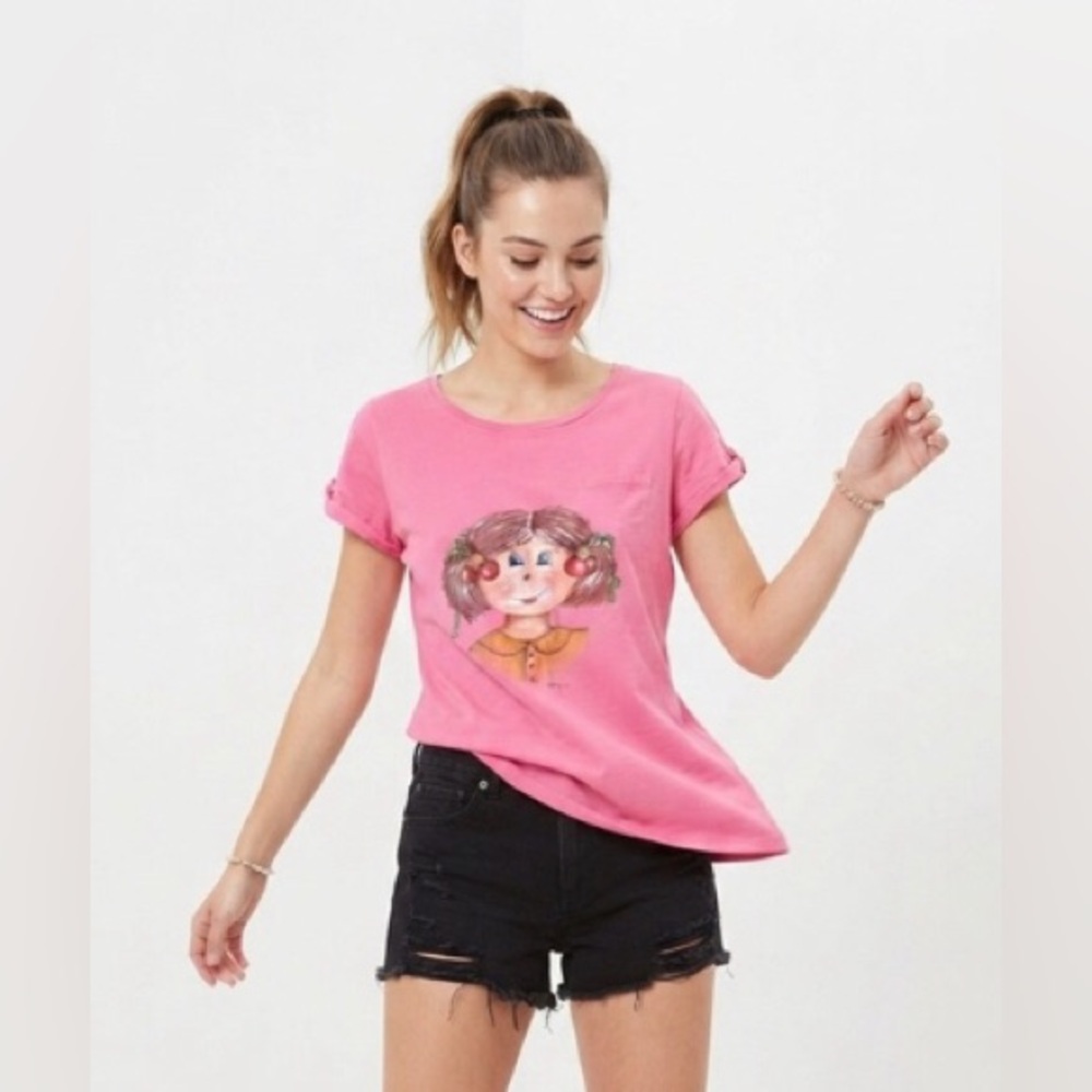 Bershka | 100% cotton pink unique hand painted tee | size M